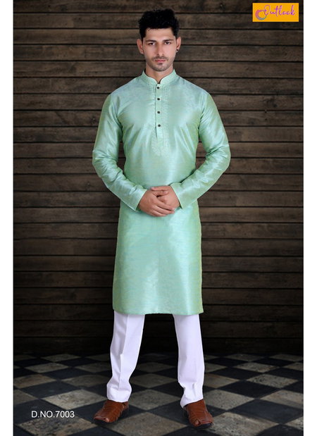 Pista Green Outluk Vol 7 Festival Wear Silk Long Kurta With Cotton Pajama Collection 7003